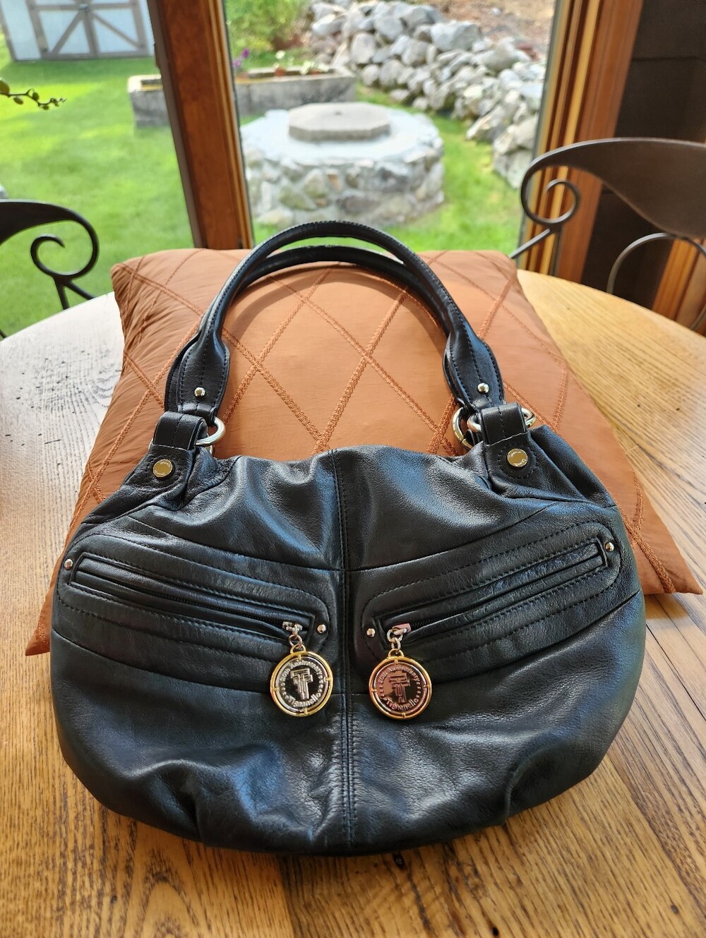 20th Anniversary Black Leather Tignanello Shoulder Bag with Gold Charm Accents